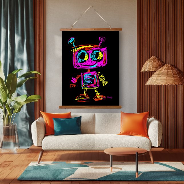 Neon Pop Art Robot: Spielerisch und futuristisch Wandteppich Mit Holzrahmen (Von Creator hochgeladen)