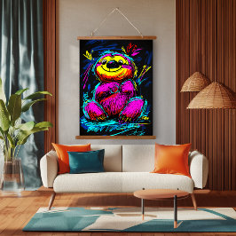 Neon Pop Art Sloth: Spaß und lebendiges Kunstwerk Wandteppich Mit Holzrahmen