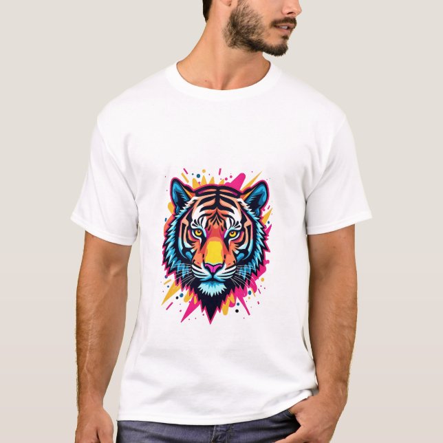 Neon Pop-Art Tiger Design T-Shirt (Vorderseite)