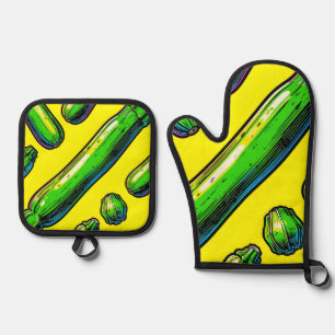 Neon-Pop-Art-Zucchini-Muster Ofenhandschuh & Topflappen-Set