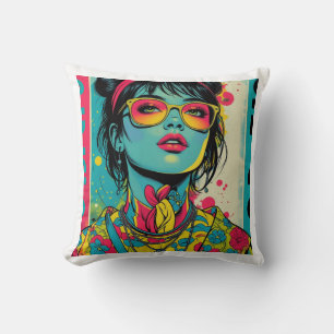 Neon Pop Diva Portrait - Bold & Vibranno Retro Art Kissen