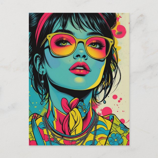 Neon Pop Diva Portrait - Bold & Vibranno Retro Art Postkarte (Vorderseite)