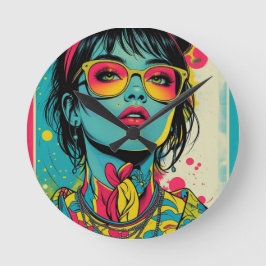 Neon Pop Diva Portrait - Bold & Vibranno Retro Art Runde Wanduhr