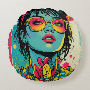 Neon Pop Diva Portrait - Bold & Vibranno Retro Art Rundes Kissen