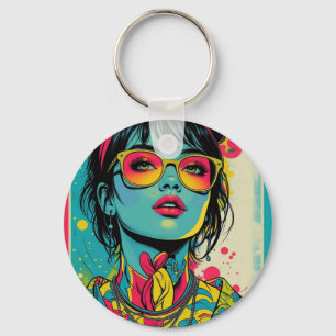Neon Pop Diva Portrait - Bold & Vibranno Retro Art Schlüsselanhänger