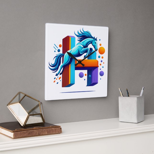 Neon Power Horse Jump Over H Letter Quadratische Wanduhr (Büro)