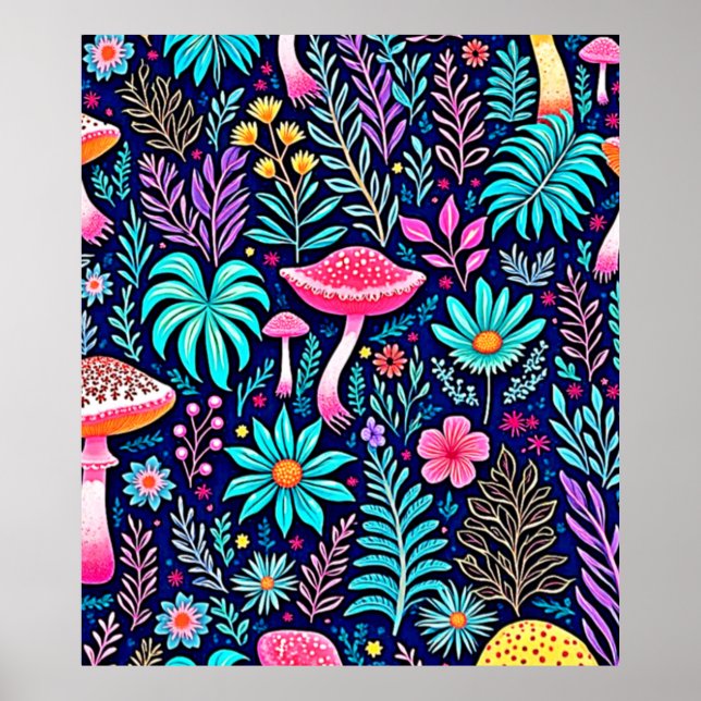 Neon Psychedelic Mushroom Forest Dream Poster (Vorne)