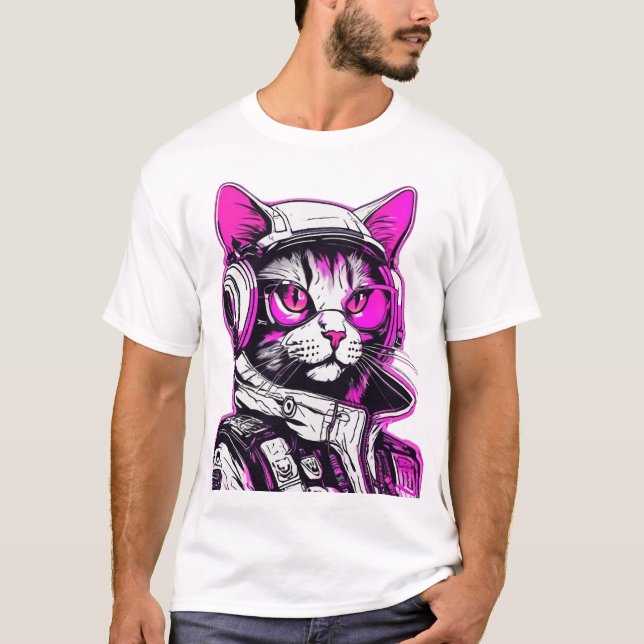 Neon Punk Katze mit Kopfhörern T-Shirt (Vorderseite)