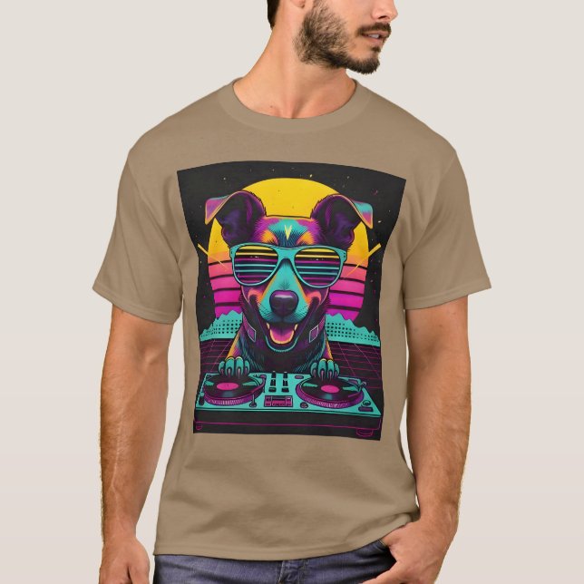 Neon Pup DJ Synthwave-Geschenk T-Shirt (Vorderseite)