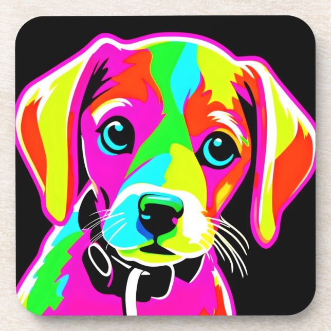 Neon Puppy Pop Art Getränkeuntersetzer (Vorderseite)