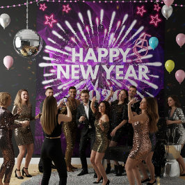 Neon Purple “Happy New Year”Glow Party Backdrop Wandteppich