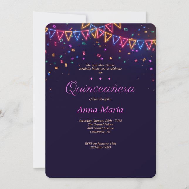 Neon Quinceañera Einladung (Vorderseite)