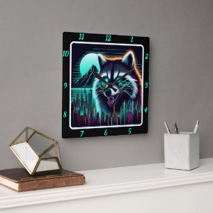 Neon Raccoon Cyber City Quadratische Wanduhr