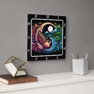 Neon Radiant Koi Gold Fish Harmonie Quadratische Wanduhr