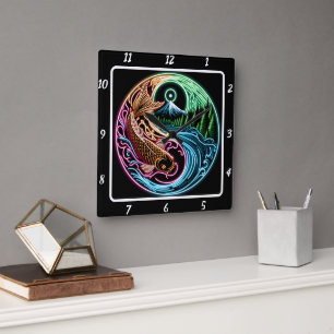 Neon Radiant Koi Gold Fish Reflection Quadratische Wanduhr