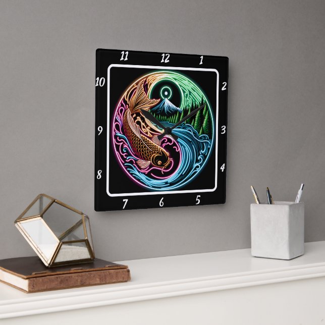 Neon Radiant Koi Gold Fish Reflection Quadratische Wanduhr (Büro)