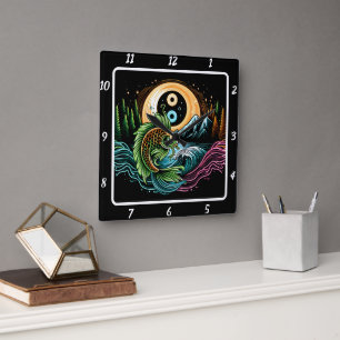 Neon Radiant Koi Gold Fish Ruhe Quadratische Wanduhr