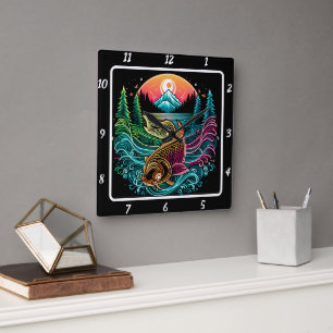 Neon Radiant Koi Gold Fish Serenity Quadratische Wanduhr