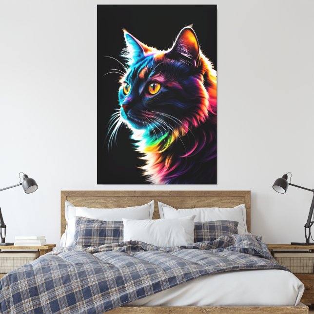 Neon Rainbow Cat Portrait – Modern Colorful Leinwanddruck (Insitu (Schlafzimmer))