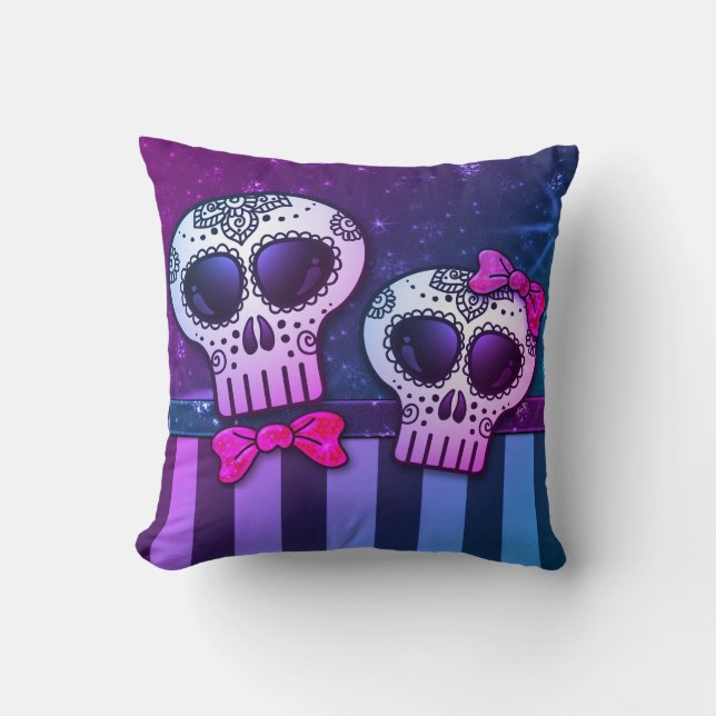 Neon Rainbow Day of the Dead Glitzer Sugar Skulls Kissen (Vorderseite)