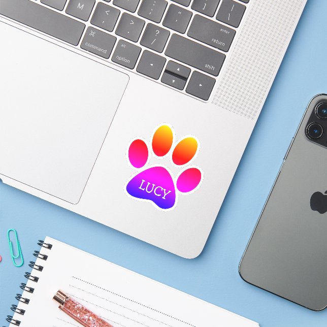 Neon Rainbow Dog Paw Print With Name Aufkleber (Laptop mit iPhone)