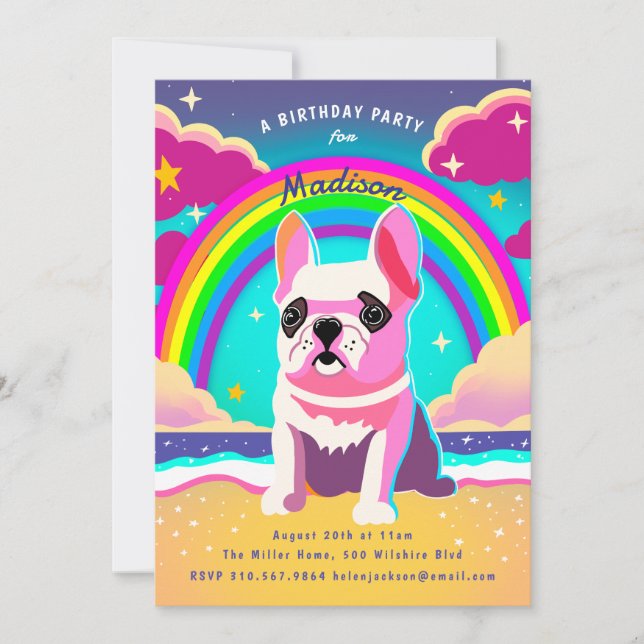 Neon Rainbow Frenchie Retro Birthday Einladung (Vorderseite)
