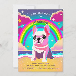 Neon Rainbow Frenchie Retro Birthday Einladung