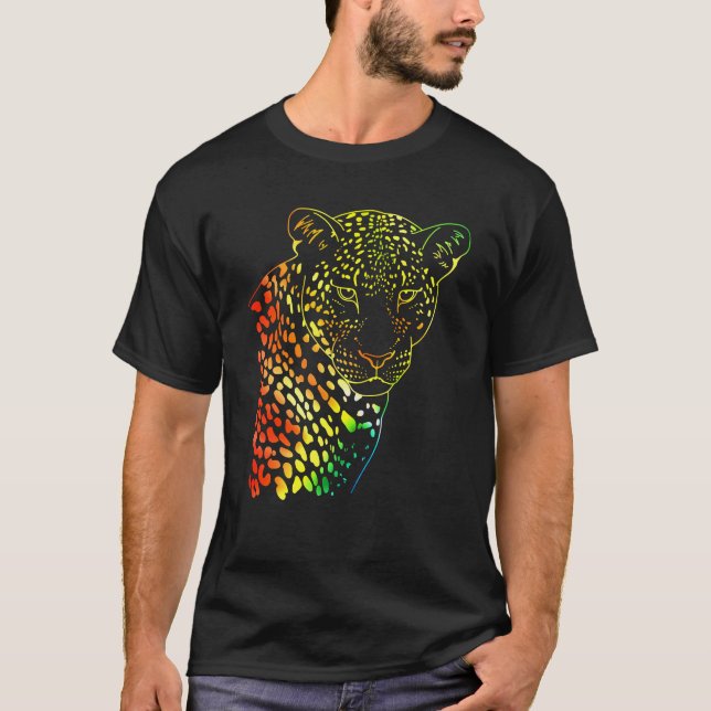 Neon Rainbow Leopard Face Artwork T-Shirt (Vorderseite)