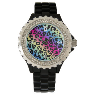 Neon Rainbow Leopard Muster drucken Armbanduhr