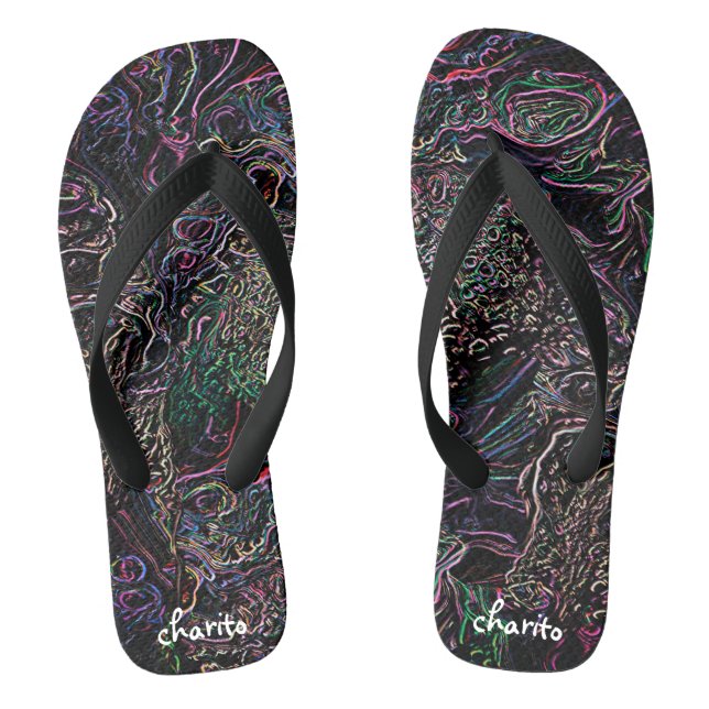 Neon Rainbow Marbled Lines Bubbles VibranBlack Flip Flops (Fußbett)