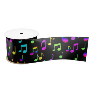 Neon Rainbow Musical Notes on Black Satinband