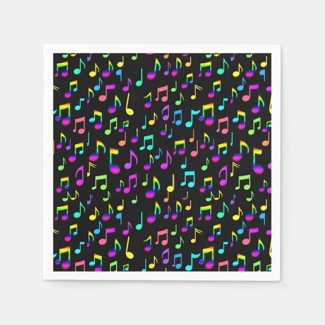 Neon Rainbow Musical Notes on Black Serviette (Vorderseite)