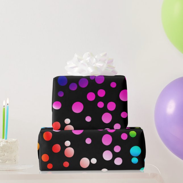 Neon Rainbow Polka Dots on Black Geschenkpapier (Partygeschenke)