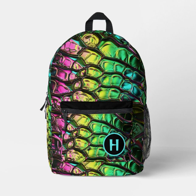 Neon Rainbow Reptile Snake Monogram Bedruckter Rucksack (Vorderseite)