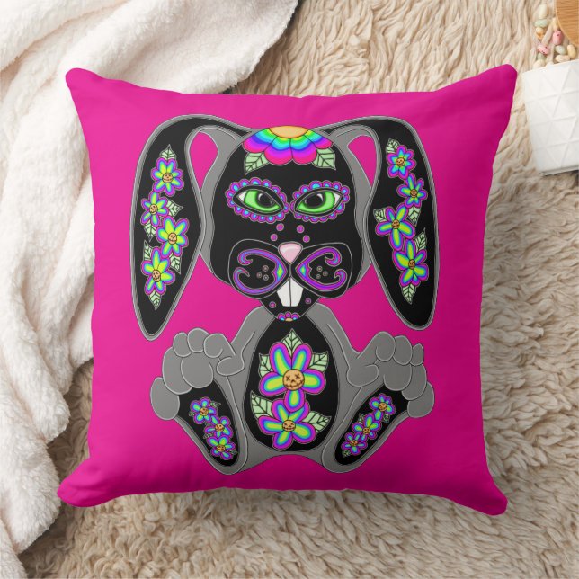 Neon Rainbow Sugar Skull Bunny Kissen (Decke)