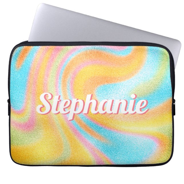 Neon Rainbow Swirl Personalisierter Name Laptopschutzhülle (Vorderseite)