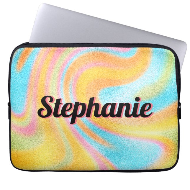 Neon Rainbow Swirl Personalisierter schwarzer Name Laptopschutzhülle (Vorderseite)