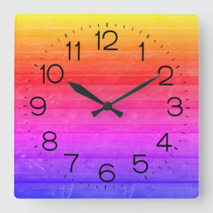 Neon Rainbow Wood Pattern Quadratische Wanduhr
