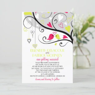 Neon Red and Yellow Whimsical Lovebirds Wedding Einladung