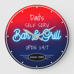 Neon Red Blue Script Vater oder Bar Grill für beli Große Wanduhr