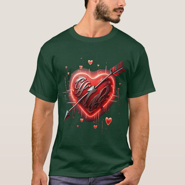 Neon Red Heart & Silver Arrow Trendy 3D Romantik T-Shirt (Vorderseite)