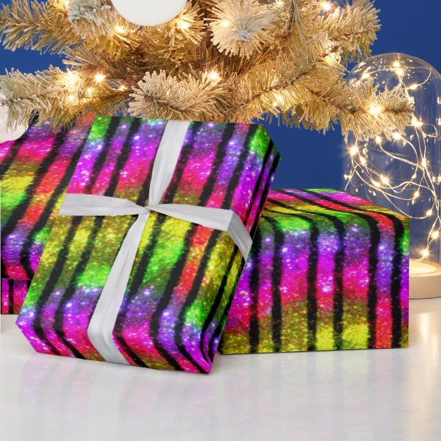 Neon-Regenbogen-Schimmer-Streifen Geschenkpapier (Feiertage)