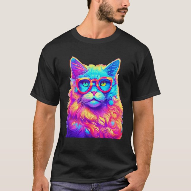 Neon-Regenbogenkatze mit Brille Abstrakte Helle P T-Shirt (Vorderseite)
