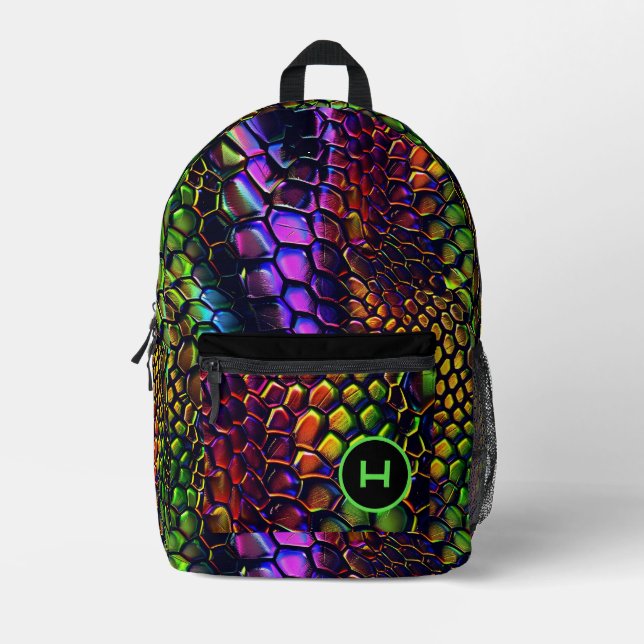 Neon Reptile Fun Monogram Bedruckter Rucksack (Vorderseite)