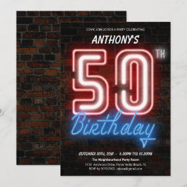 Neon Retro 50. Geburtstagsparty Einladung