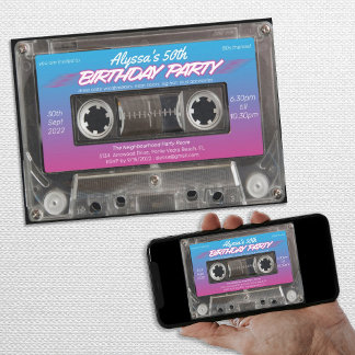 Neon Retro 80er Cassette 50. Geburtstagsparty Einladung