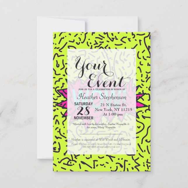 Neon Retro 80's 90's Scribbled Wow!Typografie Einladung (Vorderseite)