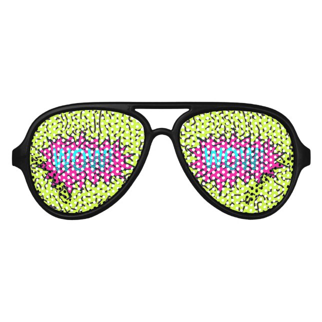 Neon Retro 80's 90's Scribbled Wow! Typografie Sonnenbrille (Vorderseite)