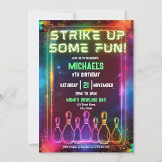 Neon Retro Bowling erwischt Spaß im Party Einladung