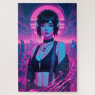 Neon Retro Cyber Punk Rock Girl Poster Puzzle